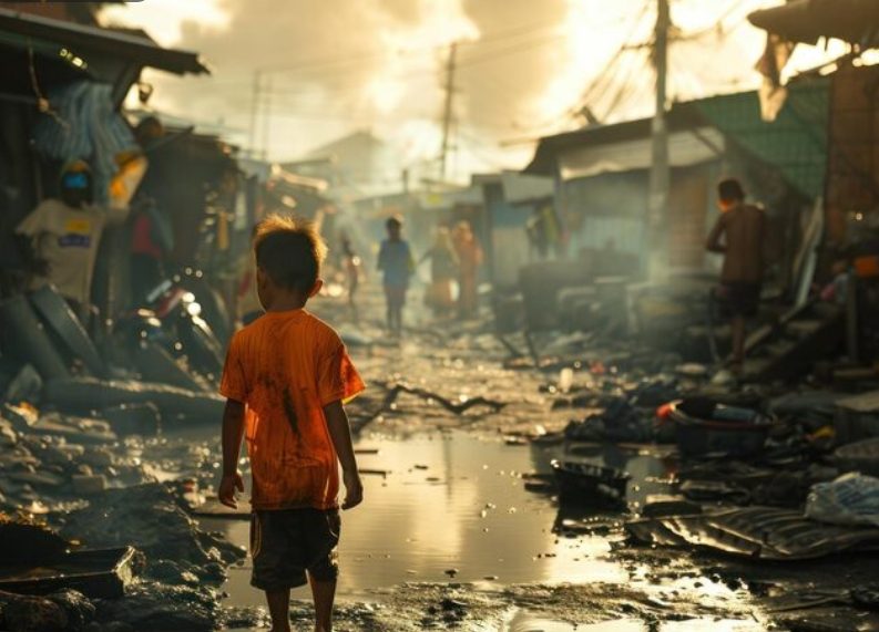 Anak berjalan di area terdampak bencana