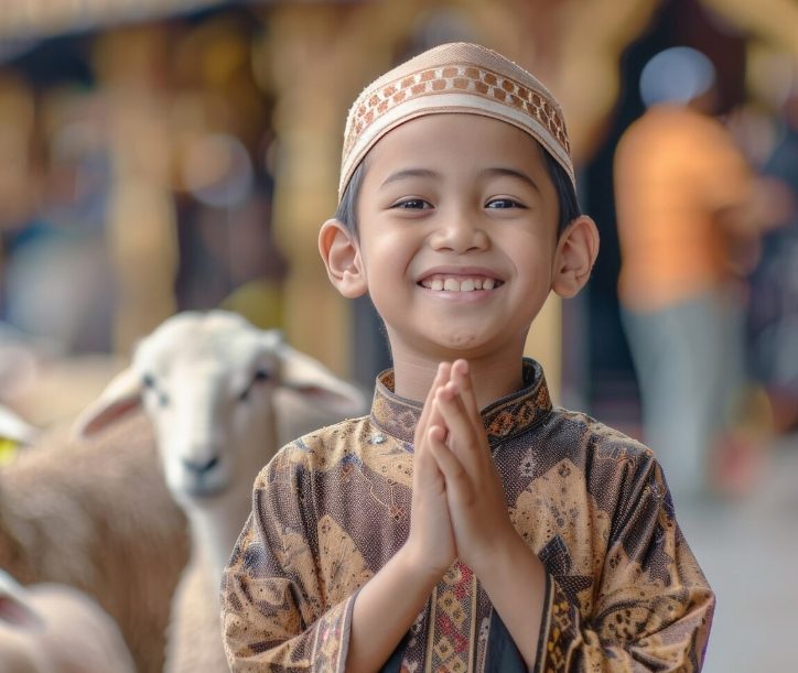 Anak tersenyum di dekat hewan qurban
